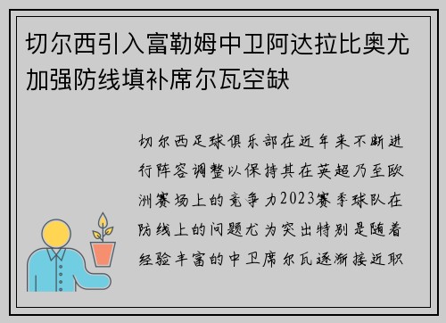 切尔西引入富勒姆中卫阿达拉比奥尤加强防线填补席尔瓦空缺